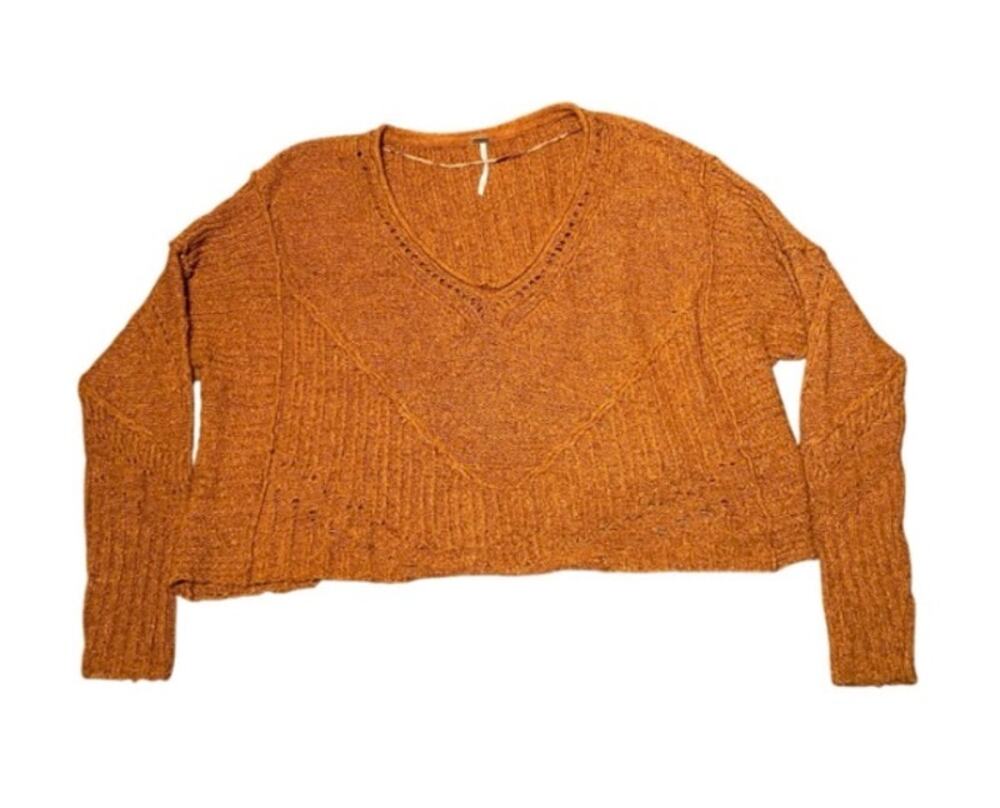 Free People Burnt Orange Wide V-neck Open Knit Detailing Sweater -L